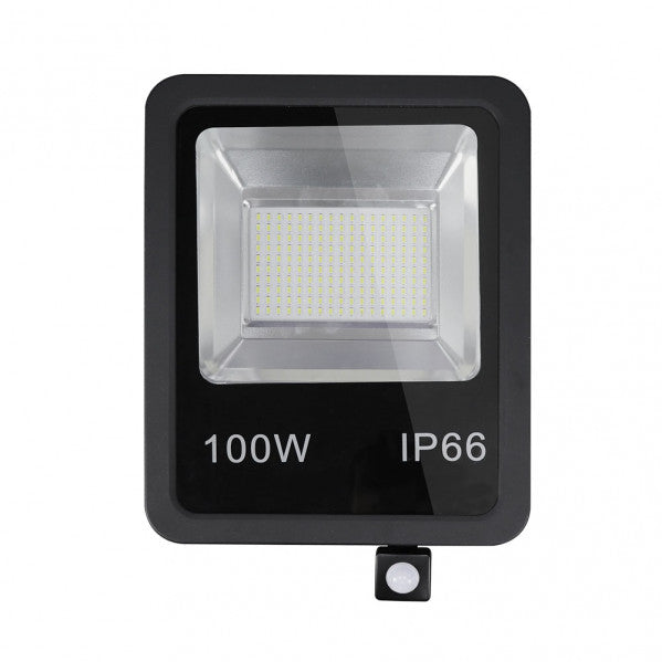 Proyector LED con sensor Olivino 100W 6500k negro de Fabrilamp, 9000 lúmenes, IP66.  Ideal para exteriores.