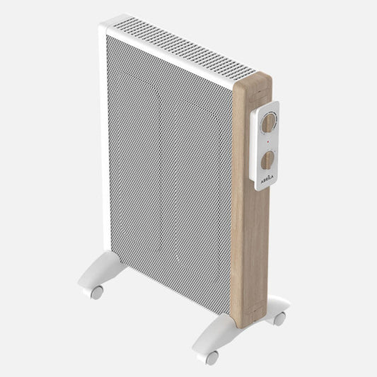Radiador de Mica Badin 1500W Blanco/Madera 3 Elementos Fabrilamp instalada en ambiente decorativo de salón o dormitorio | Fabrilamp / Abrila