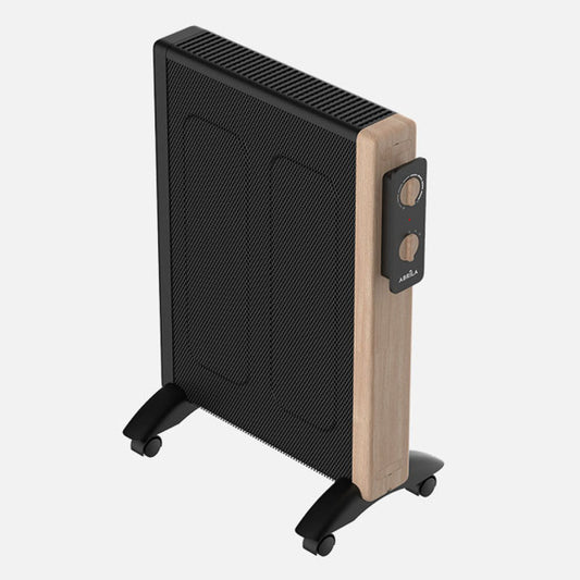 Radiador de Mica Badin 1500W Negro/Madera 3 Elementos con Termostato Fabrilamp instalada en ambiente decorativo de salón o dormitorio | Fabrilamp / Abrila