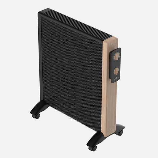 Radiador de Mica Badin 2000W Negro/Madera 4 Elementos Fabrilamp instalada en ambiente decorativo de salón o dormitorio | Fabrilamp / Abrila