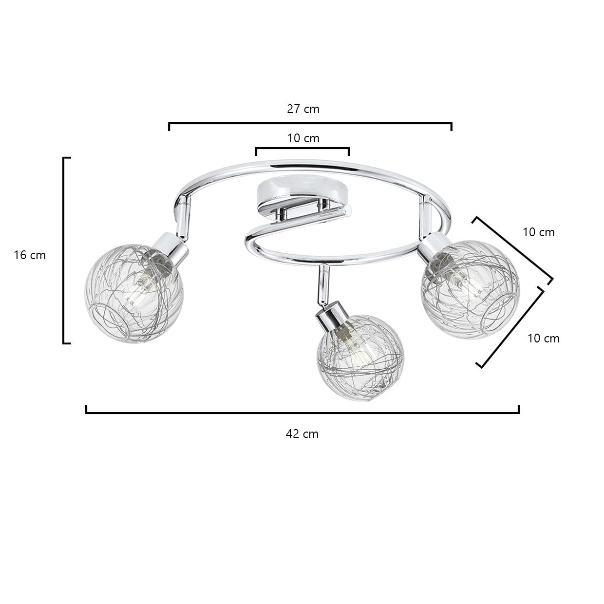 Foco Redondo 3 Luces Cromo AJP/Alemar ROLO (Ref. 10178) - Medidas. Diseño elegante, metal y cristal.  Luzguru.com
