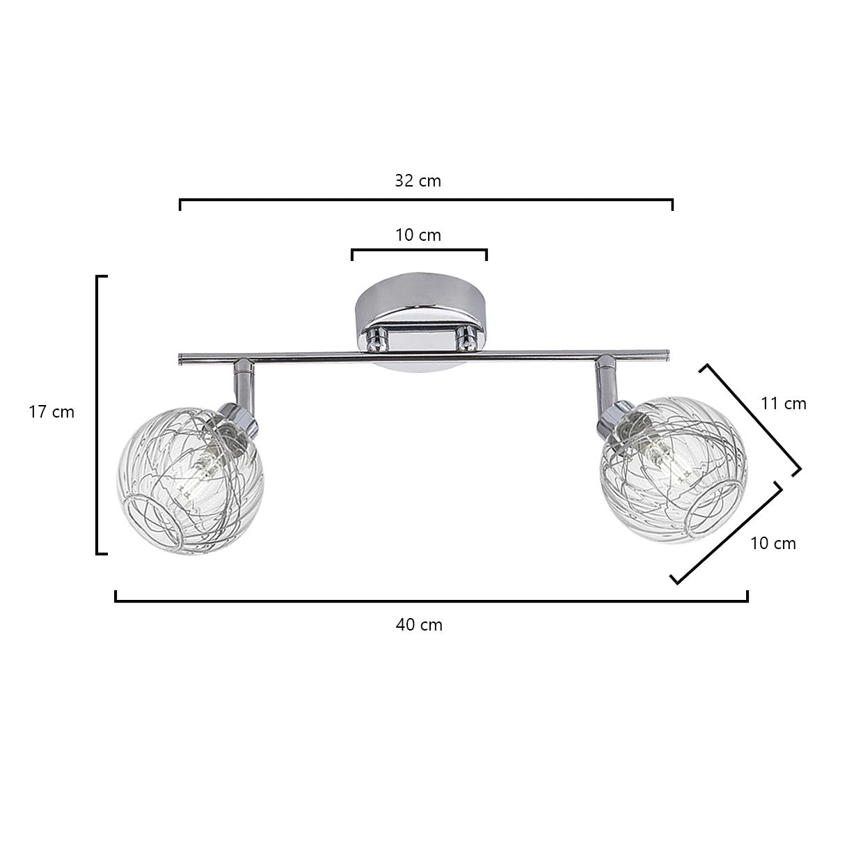 Medidas Regleta 2 Luces ROLO Cromo AJP/Alemar Ref. 10176 - luzguru.com
