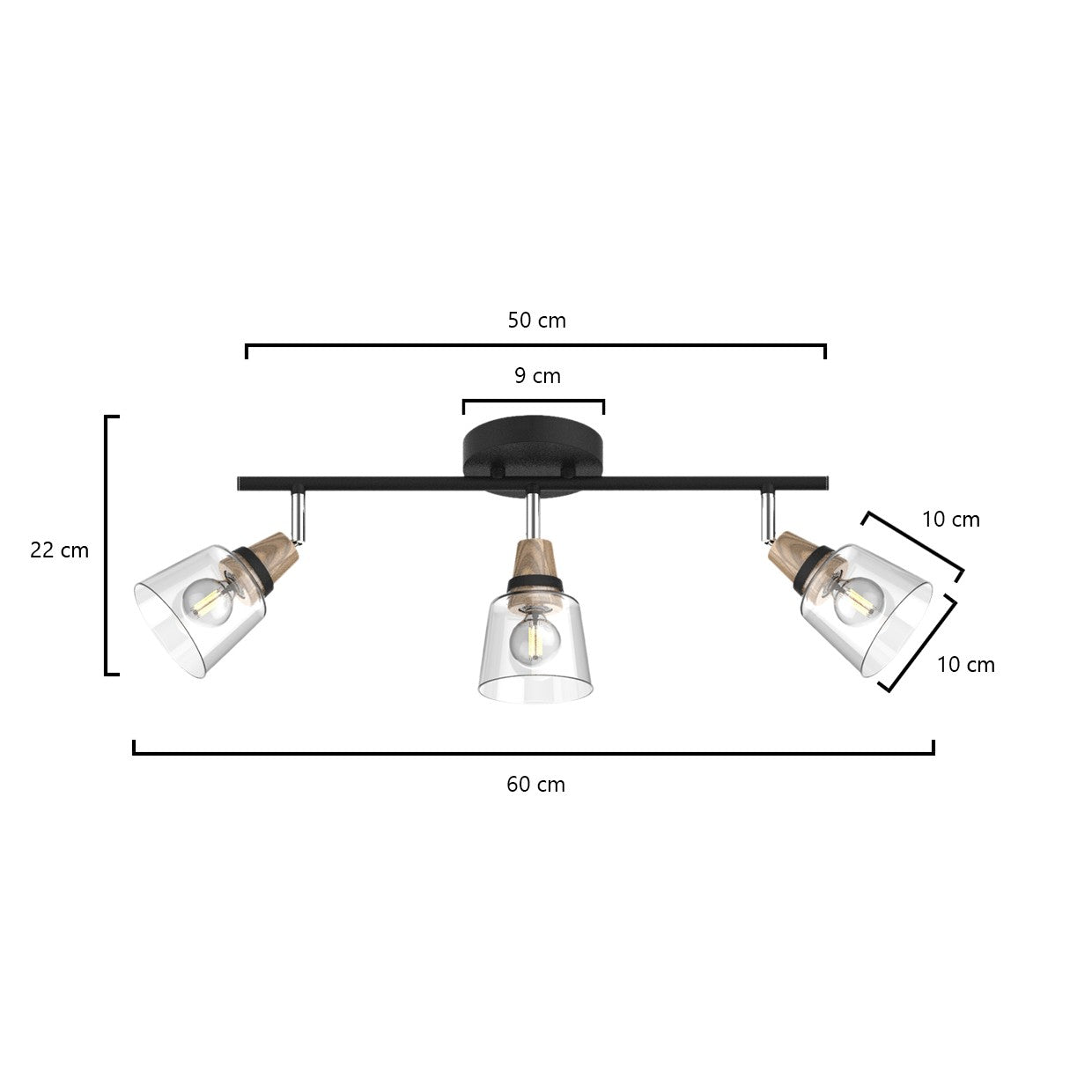 Regleta 3L Indigo Negra-Madera AJP/Alemar (Ref. 11043): Dimensiones detalladas. Elegancia y funcionalidad en madera y negro.  LuzGuru.
