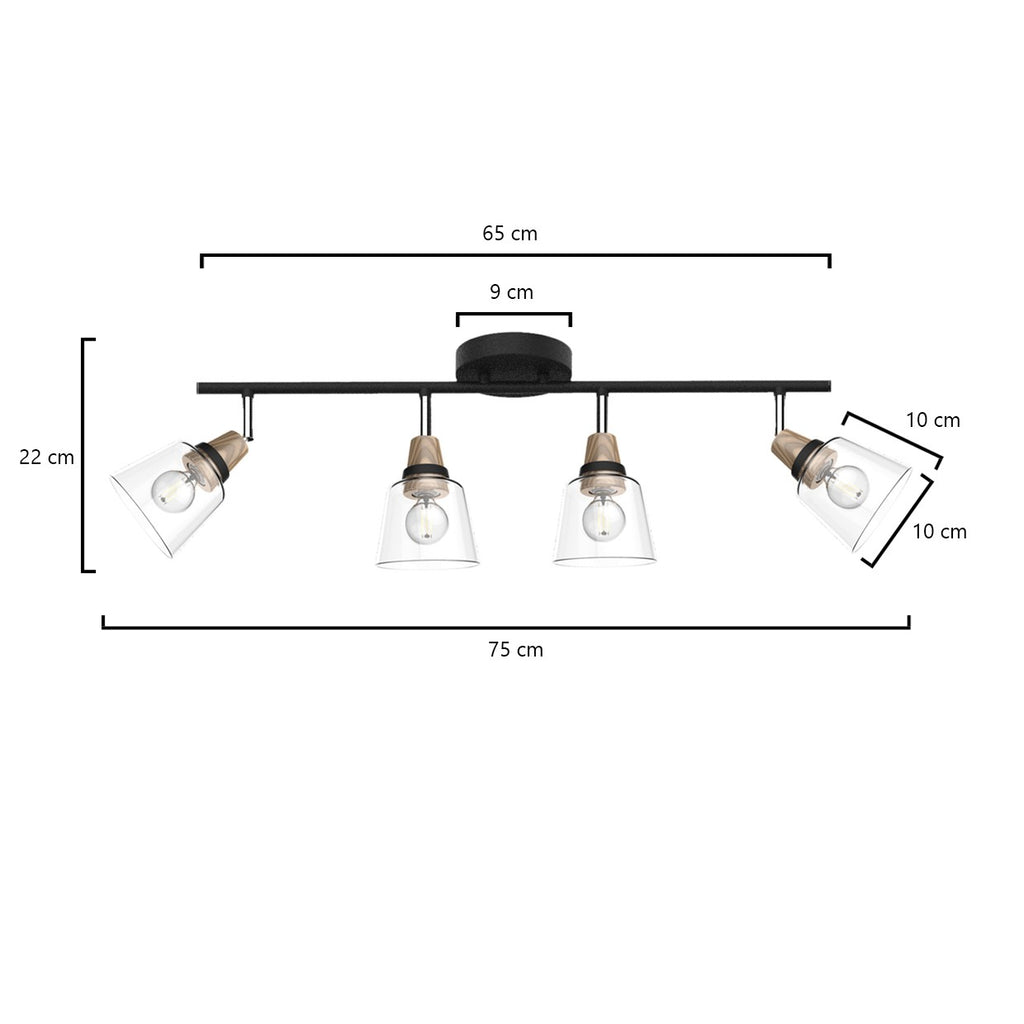 Regleta 4L Indigo Negra-Madera AJP/Alemar Ref. 11044 - Medidas detalladas. 4x40W E-14. LuzGuru.
