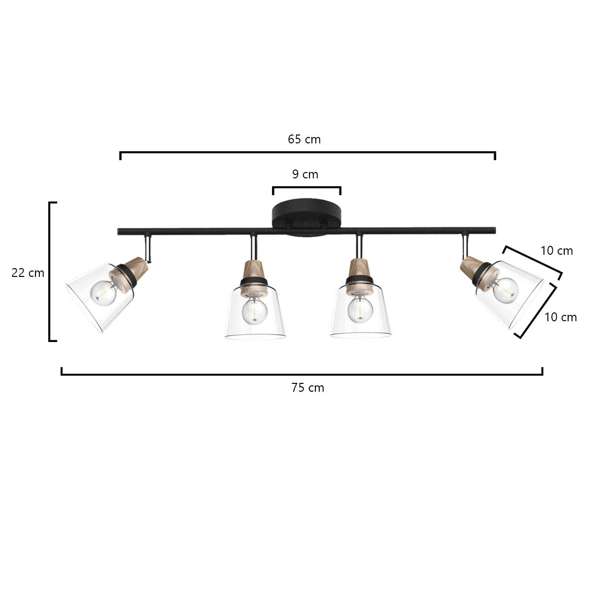 Regleta 4L Indigo Negra-Madera AJP/Alemar Ref. 11044 - Medidas detalladas. 4x40W E-14. LuzGuru.

