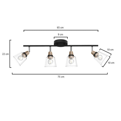 Regleta 4L Indigo Negra-Madera AJP/Alemar Ref. 11044 - Medidas detalladas. 4x40W E-14. LuzGuru.
