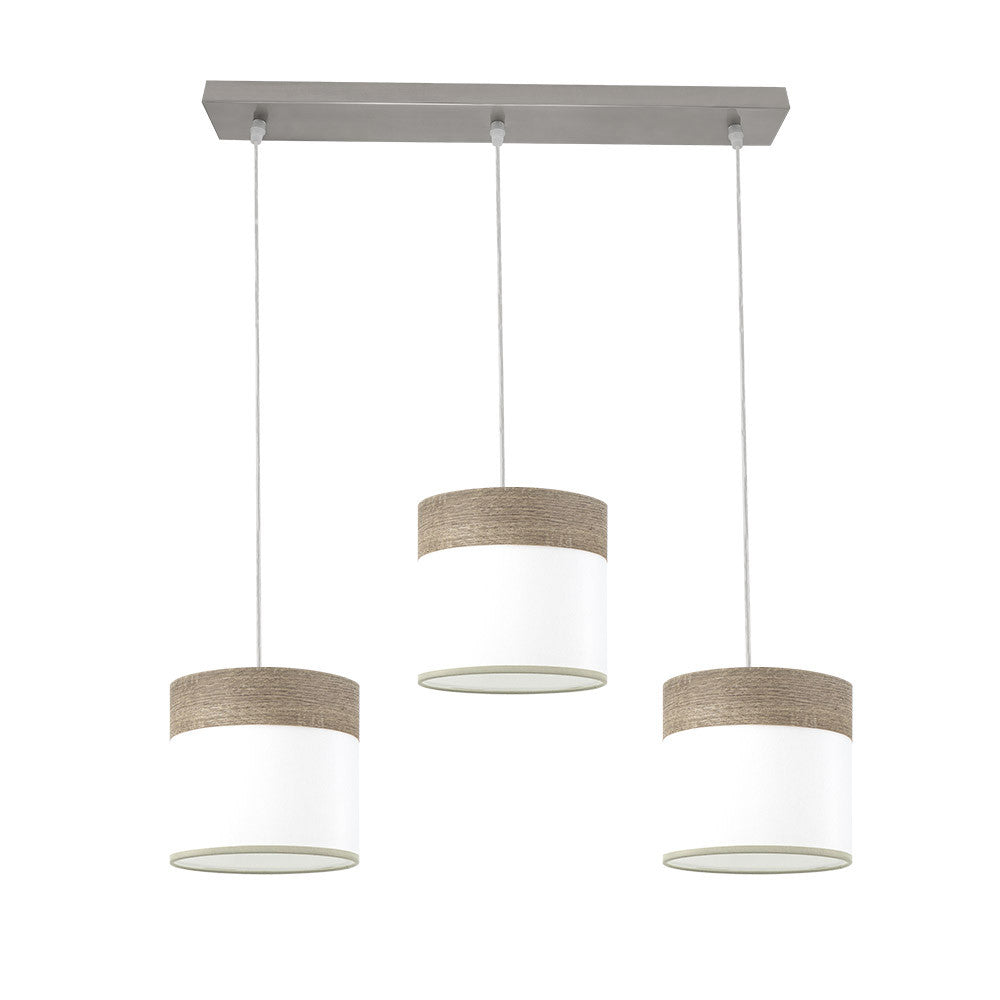 Regleta Cloe fabricada en metal color níquel y textil blanco y madera gris