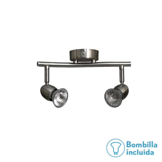 Regleta Foco Sonora Níquel 2xGU10 de Fabrilamp con bombillas incluidas, vista frontal.