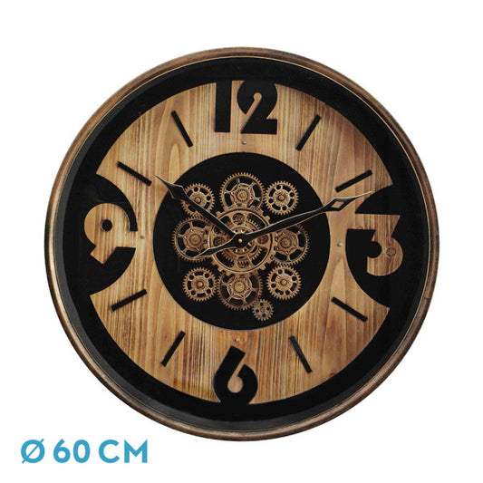 Reloj de pared Almanzora Negro/Haya/Oro de 60cm con engranajes visibles, Fabrilamp.