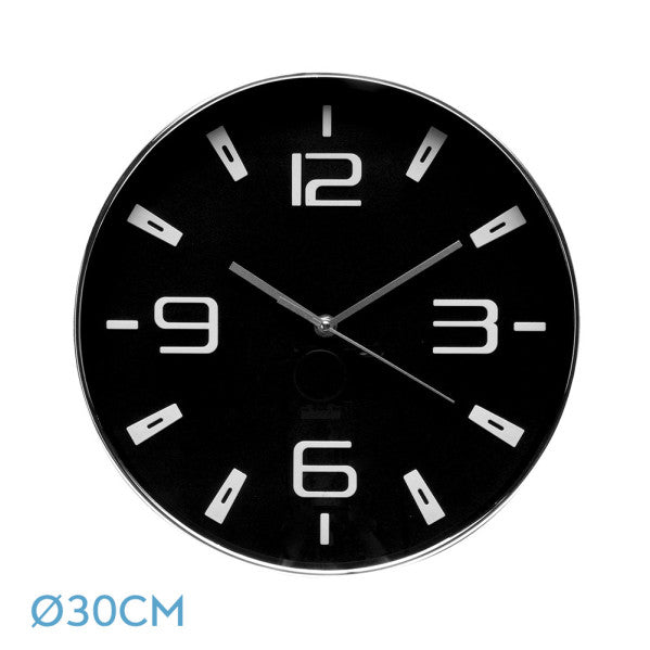 Reloj de pared Aroa plata/negro 30cm, vista frontal, Fabrilamp.