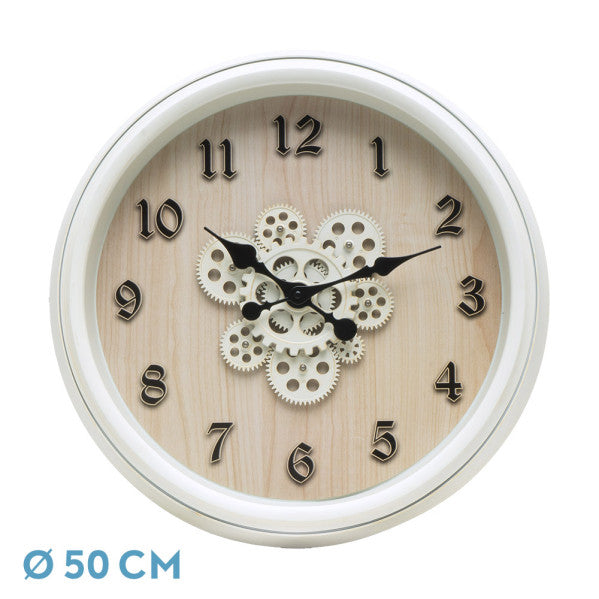 Reloj de pared Berrocal Blanco/Haya de 50x50x6cm con diseño de engranajes. Fabrilamp.