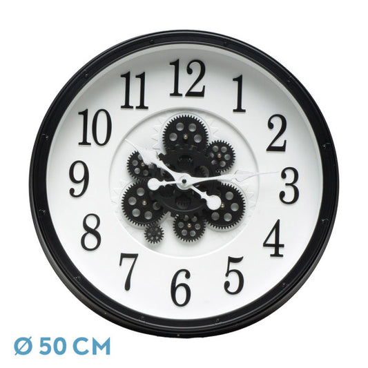 Reloj de pared Berrocal Negro/Blanco de 50x50cm con diseño de engranajes. Fabrilamp.