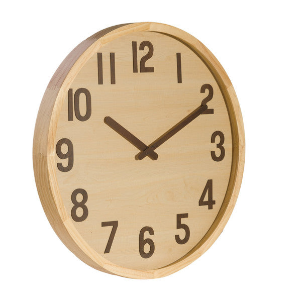 Reloj de pared Borgoña madera clara 60x60x5cm, detalle de las agujas y números, Fabrilamp, luzguru.com