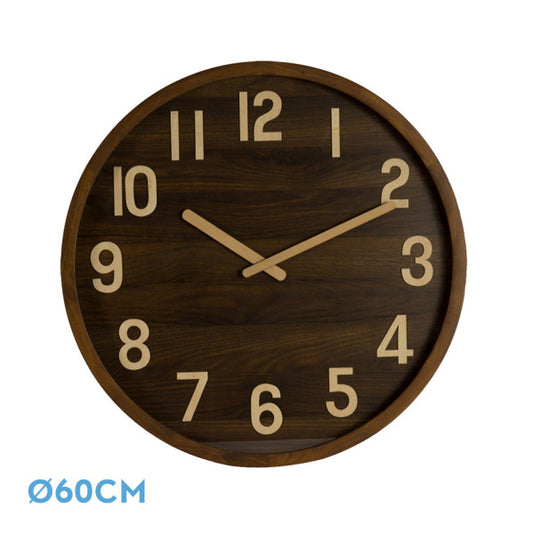 Reloj de pared Borgoña madera oscura 60x60x5cm, vista frontal.