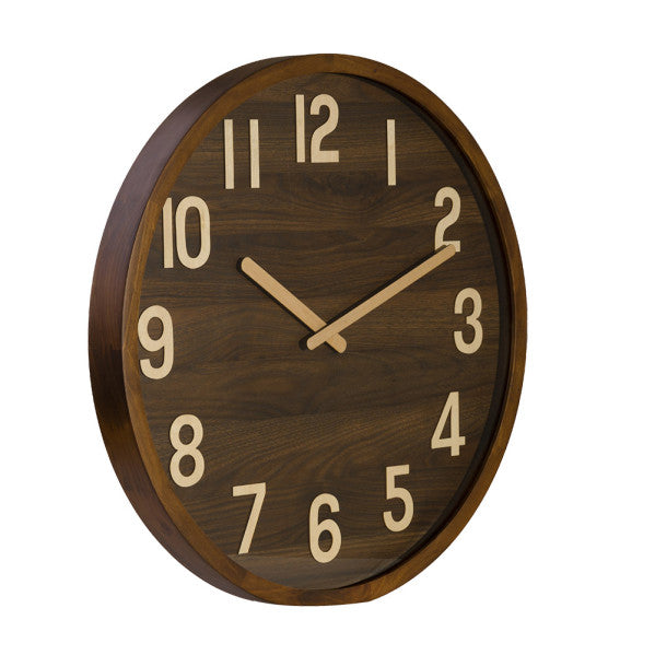 Reloj de pared Borgoña madera oscura 60x60x5cm, detalle de las agujas y números.