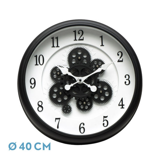 Reloj de pared Bubion Negro/Blanco de 40x40x7cm con engranajes, Fabrilamp, en luzguru.com