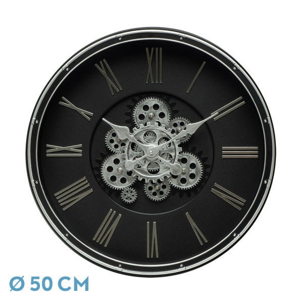 Reloj de pared Cacin Negro/Plata de 50x50x6cm con engranajes, Fabrilamp. Disponible en luzguru.com