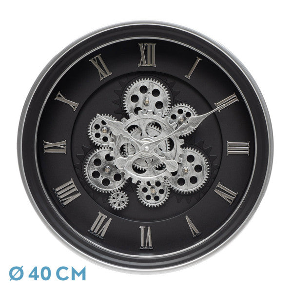 Reloj de pared Chercos Negro/Plata de Fabrilamp, diseño elegante con engranajes. Disponible en luzguru.com