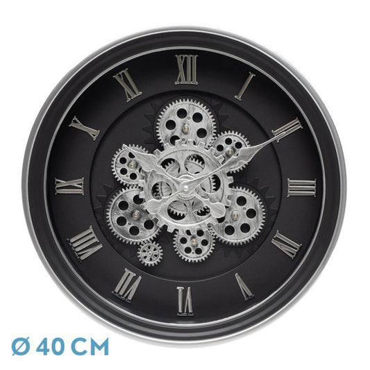 Reloj de pared Chercos Negro/Plata de Fabrilamp, diseño elegante con engranajes. Disponible en luzguru.com