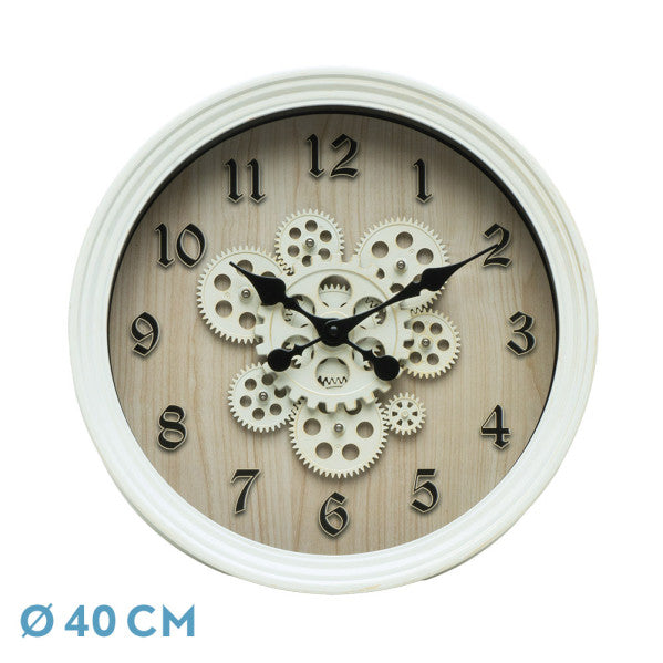 Reloj de pared Coripe Blanco/Haya de 40x40x7cm con engranajes, Fabrilamp.