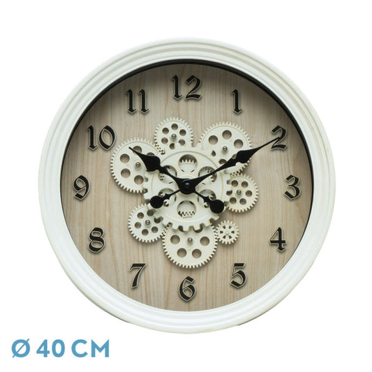 Reloj de pared Coripe Blanco/Haya de 40x40x7cm con engranajes, Fabrilamp.