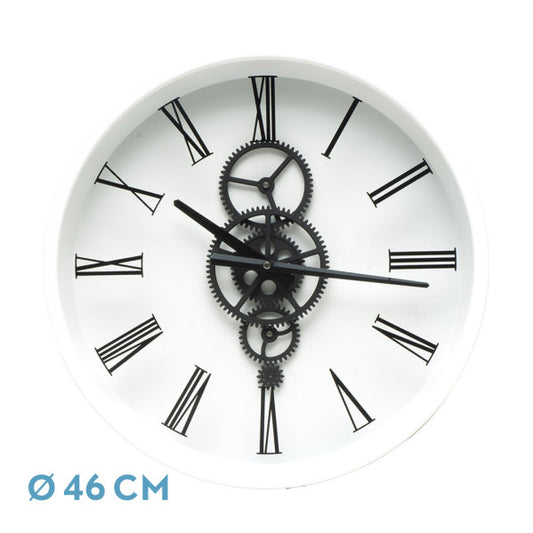 Reloj de pared Duque Blanco/Negro de 46x46x7cm con engranajes, Fabrilamp Abrila