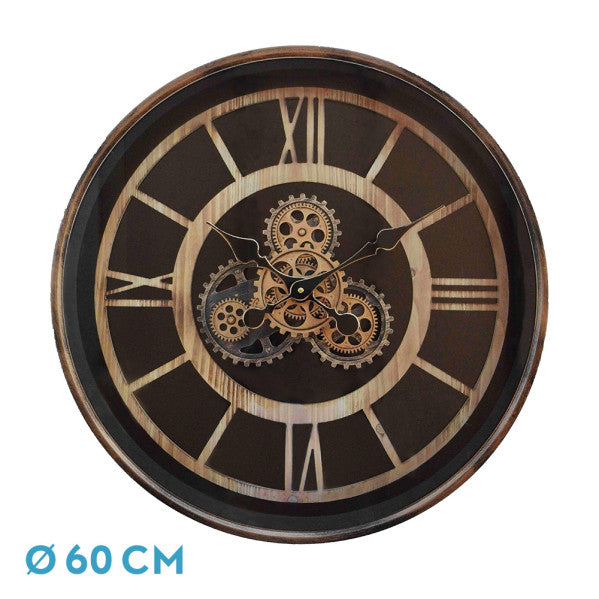 Reloj de pared Durcal Marrón/Haya/Oro de 60cm, diseño clásico con engranajes visibles.