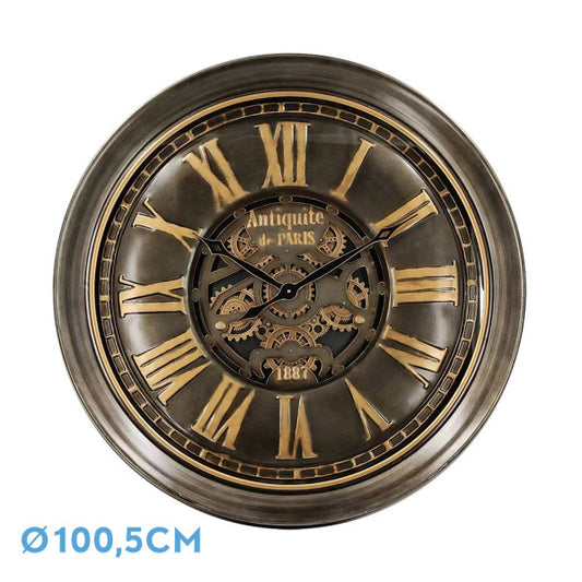 Reloj de pared Genova Oro/Cuero de Fabrilamp, diseño vintage con engranajes visibles.