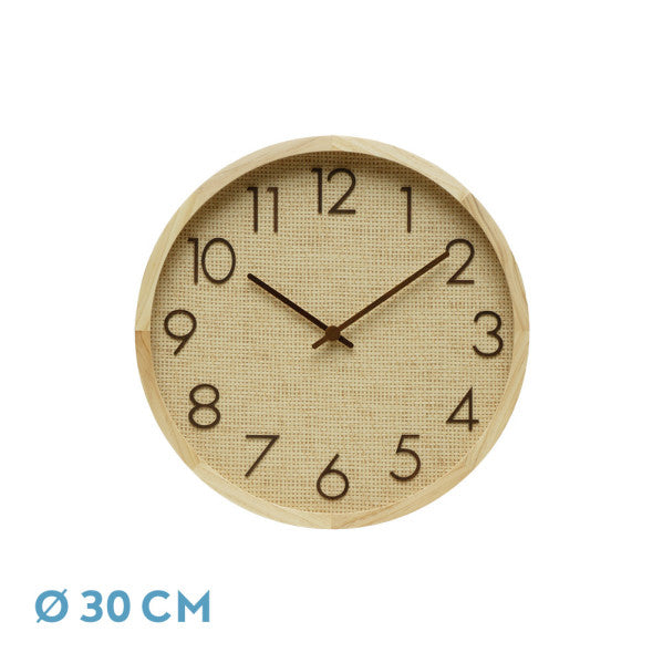 Reloj de pared Grenoble Haya/Rafia Natural 30x30x4cm, movimiento continuo, Fabrilamp