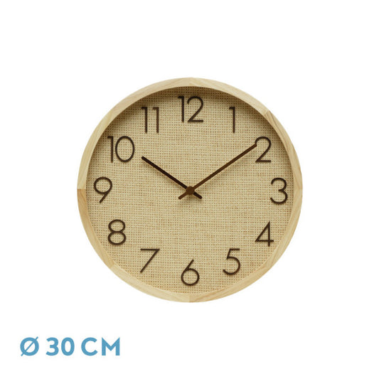 Reloj de pared Grenoble Haya/Rafia Natural 30x30x4cm, movimiento continuo, Fabrilamp