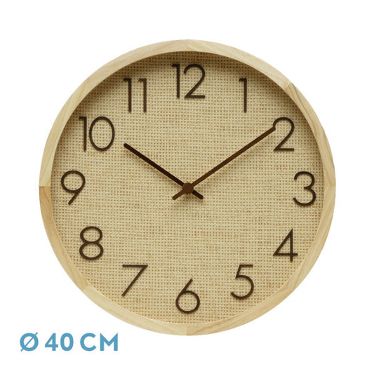 Reloj de pared Grenoble Haya/Rafia Natural 40x40x4,5cm, movimiento continuo, Fabrilamp. Compra en luzguru.com