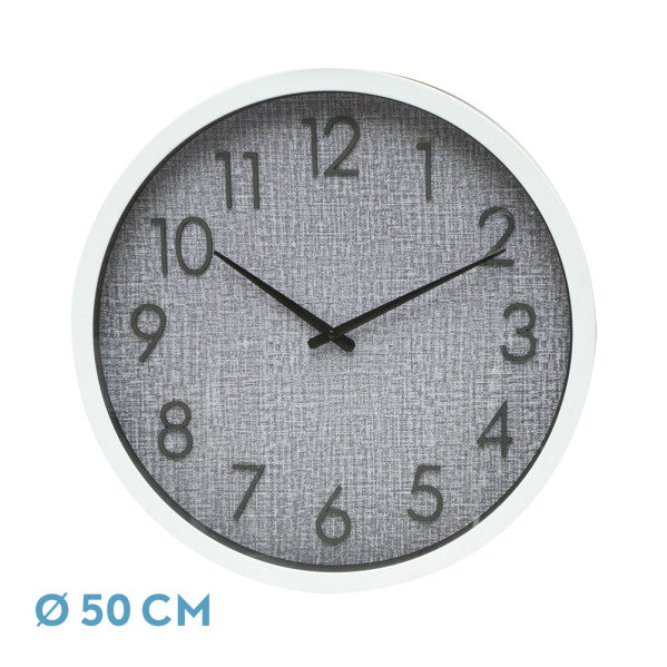 Reloj de pared Higuerón Blanco/Gris de Fabrilamp, vista frontal, 50x50cm, movimiento continuo.