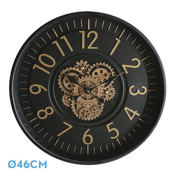 Reloj de pared Lacio Oro/Negro de Fabrilamp, 46x46x8cm, con engranajes visibles.