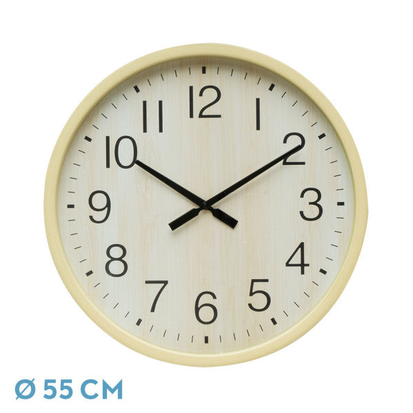 Reloj de pared Manilva en madera de haya, diseño clásico y elegante, 55x55x4 cm, movimiento continuo. Disponible en luzguru.com