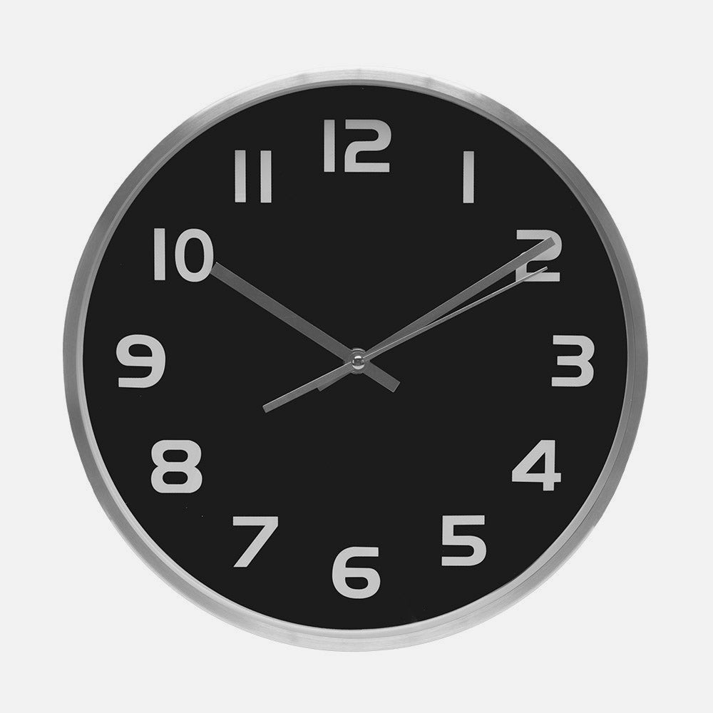Elegante reloj de pared negro y aluminio ideal para salón o cocina