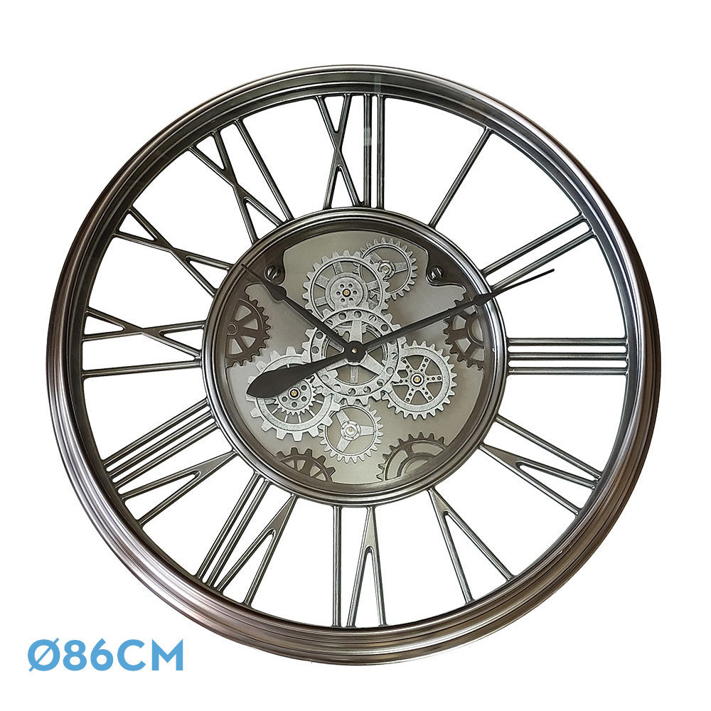 Reloj de pared Turin Níquel Fabrilamp / Abrila con engranajes en movimiento, ref. 214810003