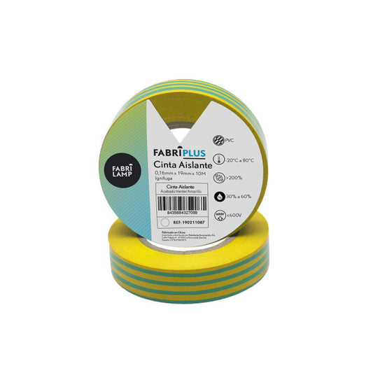 Rollo de cinta aislante PVC verde/amarillo 19mm x 10m para electricistas de Fabrilamp/Abrila