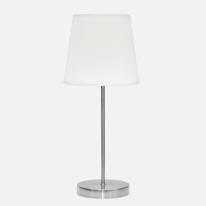 Lámpara Maldivas fabricada en metal color níquel con pantalla textil blanca