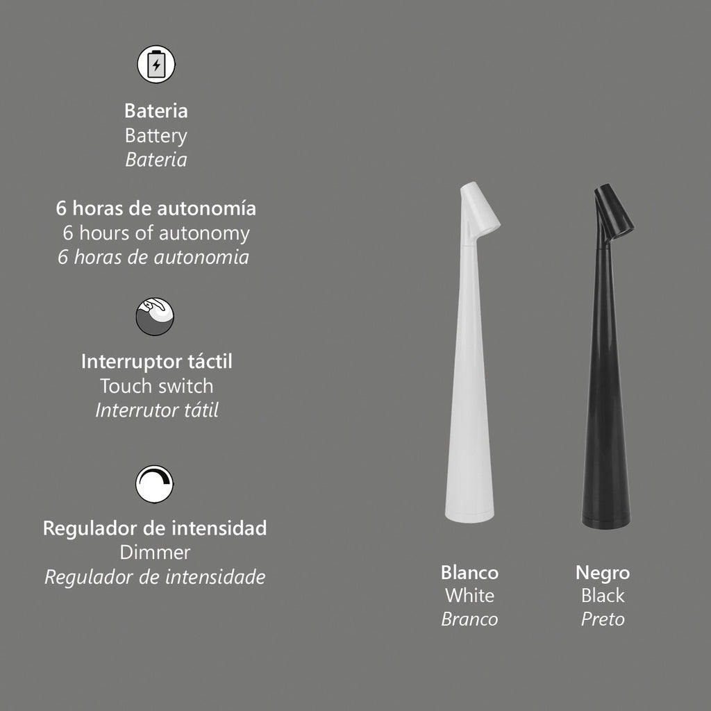 Sobremesa Belice LED Negra Recargable AJP/Alemar (Ref. 11723): Dimensiones. Iluminación elegante y moderna con 6h de autonomía.  Luzguru.com
