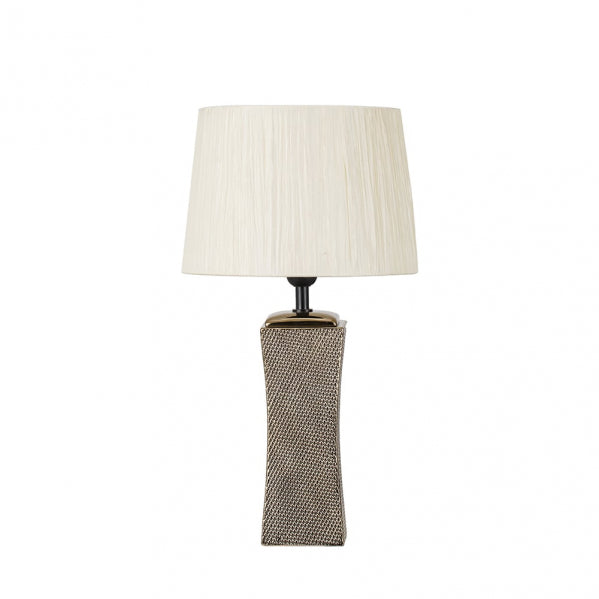 Sobremesa Cerámica Palo Santo Bronce Dorado con pantalla Beige, diseño elegante y original de Fabrilamp.