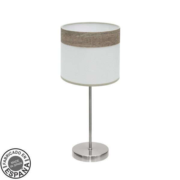 Sobremesa Cloe Niquel/Blanca-Madera Gris de Fabrilamp, iluminación moderna para dormitorio o salón.