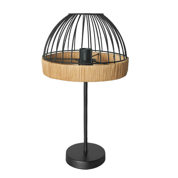 Sobremesa Gaston Negro/Natural de Fabrilamp, estilo vintage rústico con metal y rattán. Ideal para decoración de interiores.