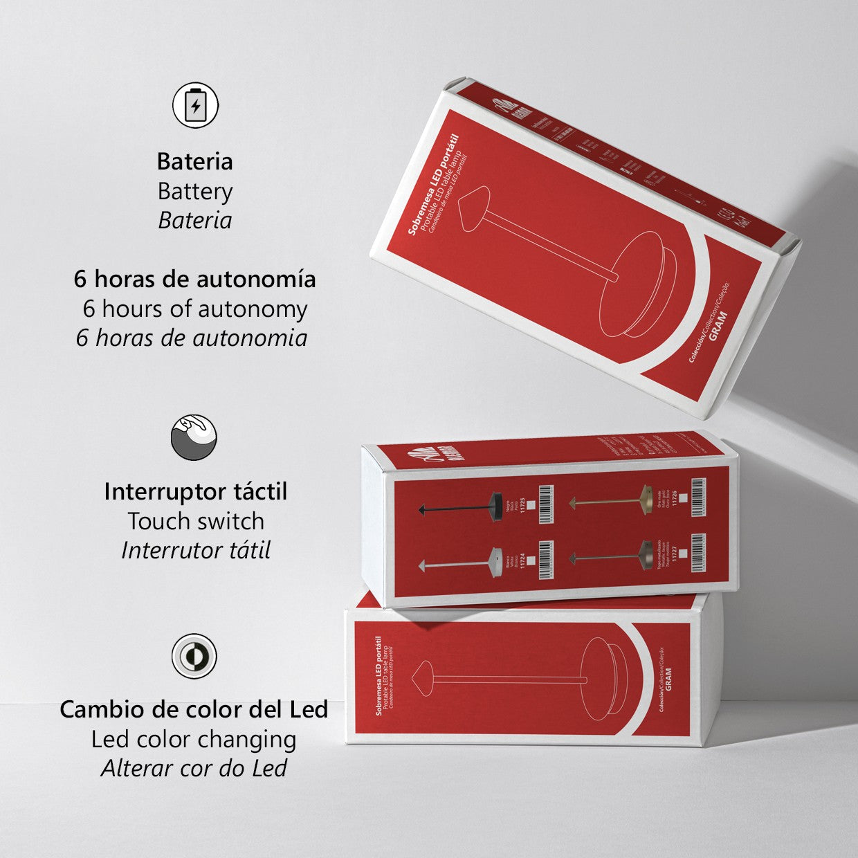 Sobremesa LED GRAM AJP/Alemar (Ref. 11725): Dimensiones de la lámpara recargable con luz cálida y fría regulable. Iluminación elegante y moderna para tu hogar. LuzGuru.
