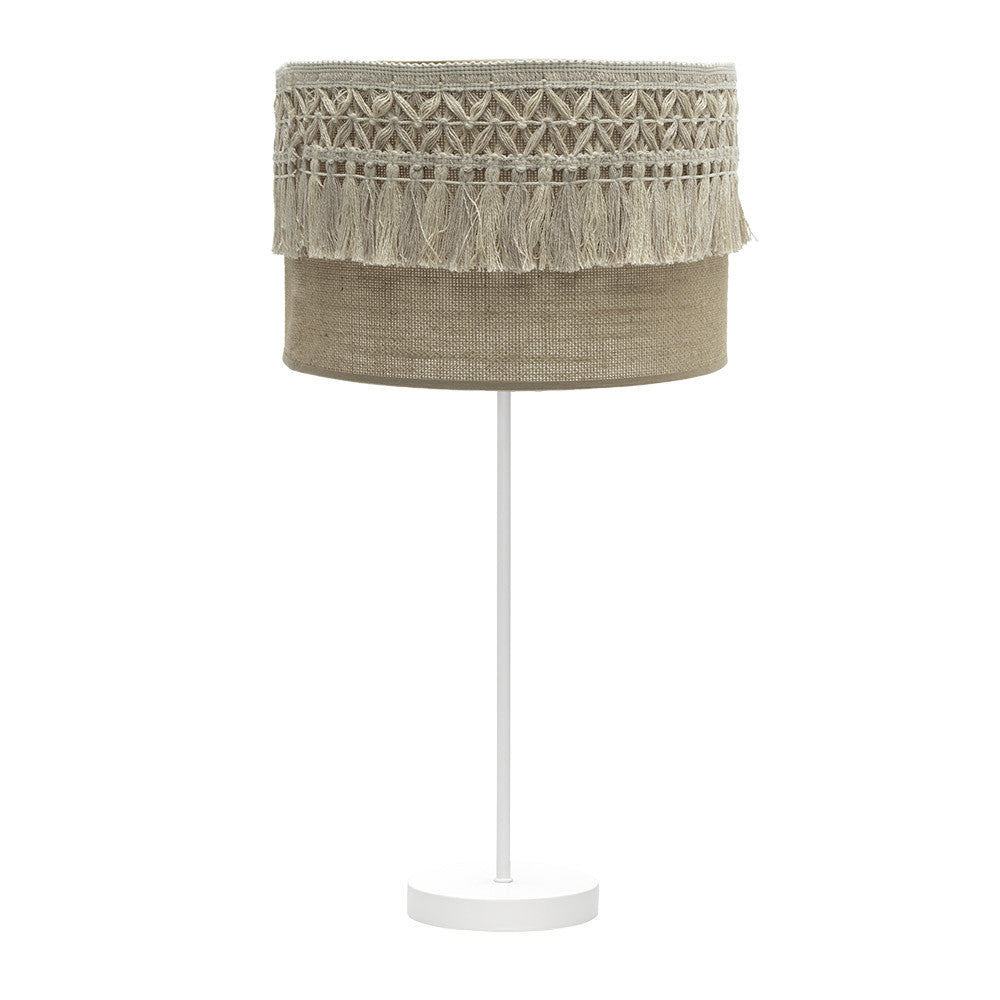 Sobremesa Grande Ekaterina Fabrilamp / Abrila SKU 188271101 - Lámpara de mesa blanca con pantalla de saco y pasamanería beis