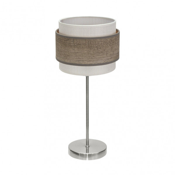 Sobremesa Myriam de Fabrilamp en color níquel y madera gris, diseño moderno para iluminar tu hogar.