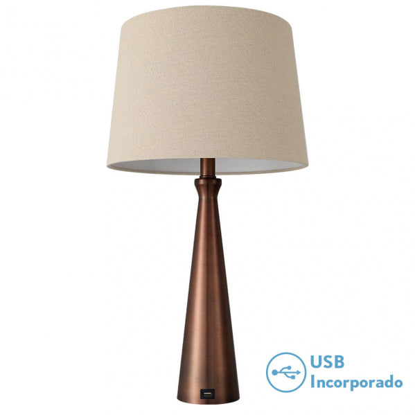 Sobremesa Pearl Marrón con pantalla de lino beige y base metálica.