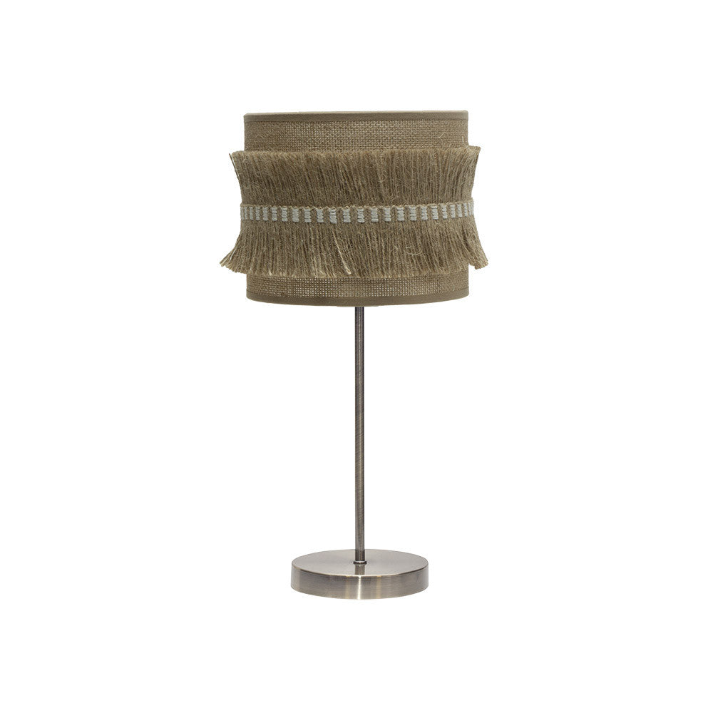 Sobremesa Kala Pequeña Fabrilamp con pantalla de saco y flecos, lámpara de mesa rústica en color cuero