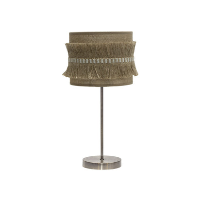 Sobremesa Kala Pequeña Fabrilamp con pantalla de saco y flecos, lámpara de mesa rústica en color cuero