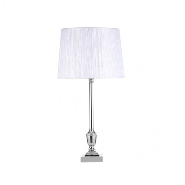 Sobremesa Roble Cromo con pantalla blanca, ideal para decoración de interiores. Fabrilamp.