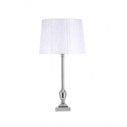 Sobremesa Roble Cromo con pantalla blanca, ideal para decoración de interiores. Fabrilamp.